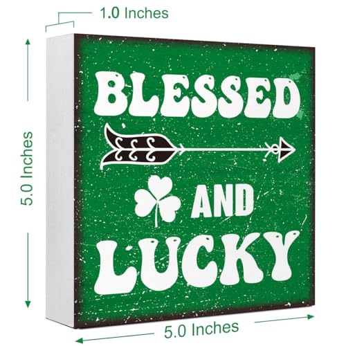 St Patricks Day Shamrock Wood Block Sign,Blessed and Lucky Wood Block Plaque Box Sign for Home Farmhouse Room Office Desk Table Decor,Irish St.Patrick's Day Wooden Box Decor