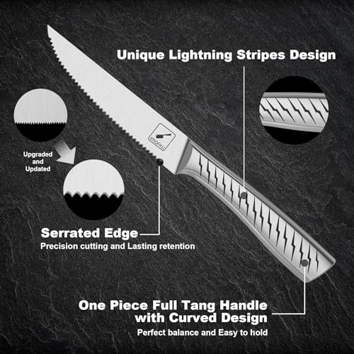 imarku Steak Knives, Serrated Steak Knives Set of 6 with Lightning Bolt Handle, Premium One Piece Steak Knife Set, High Carbon Stainless Steel Steak Knives Set for Kitchen, Dishwasher Safe