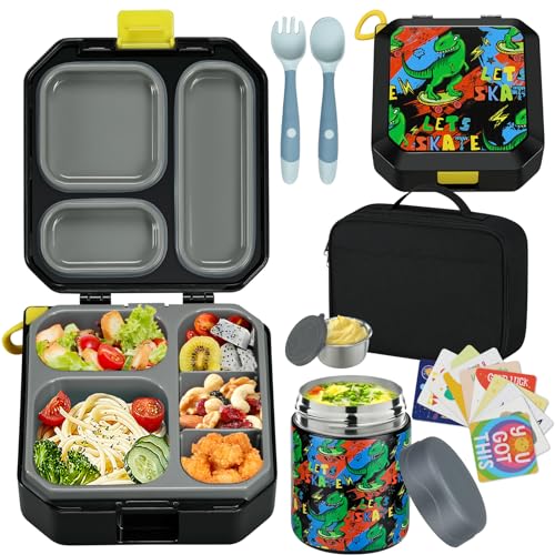 wiwens Bento Lunch Box for Kids with 12oz Soup Thermo Leak-Proof Lunch Food Container with 5 Compartment Thermo Hot Food Jar and Insulated Lunch Bag for Kid Toddler Girls Boys to School