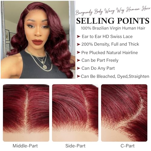 Gemlong 34 inch 99j Burgundy Lace Front Wigs Human Hair 13x4 HD Lace Front Wigs Human Hair 200 Density Burgundy Wig Human Hair for Black Women Body Wavy Human Hair 12A Glueless Brazilian Virgin Hair