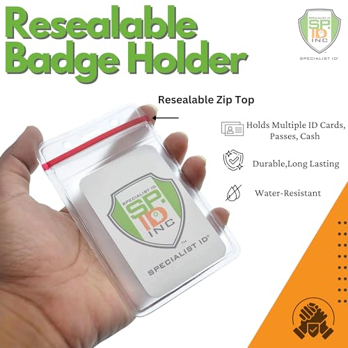 5 Pack - Heavy Duty Vertical Resealable Vinyl Badge Holders for Employee or Student ID - Clear Water Resistant with Red Seal Holds Multiple Cards - Secure Sleeves for Badges by Specialist ID