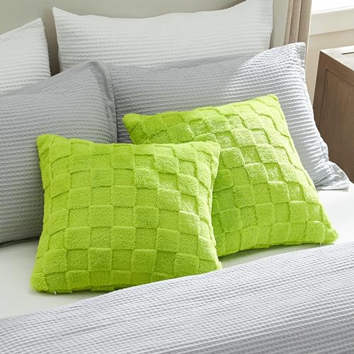 Bedsure Throw Pillow Covers 18x18 Inch - Pack of 2 Sage Green Luxury Soft Cozy Fluffy Fuzzy, Checkered Pillow Cover, Home Decor for Sofa Couch Bed