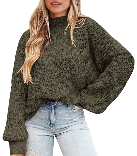 PRETTYGARDEN Women's Fall Oversized Pullover Sweaters Casual Crewneck Long Sleeve Chunky Cable Knit Blouse Top (Army Green,Small)