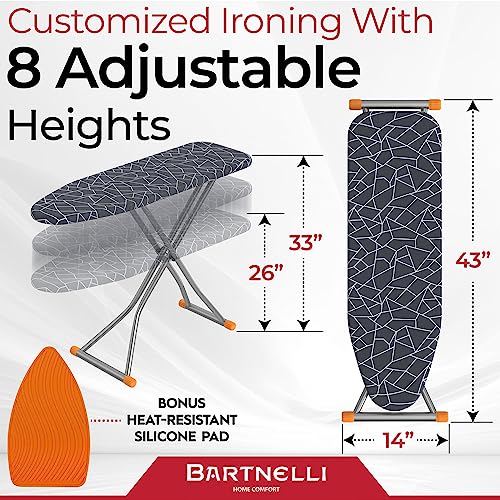 Bartnelli Ironing Board | Space-Saving and Ultimate Iron Board Experience 13x43 | Reinforced Steel Legs, Adjustable Height, 4-Layer Padding, Patent Folding System (BIBT-2110)