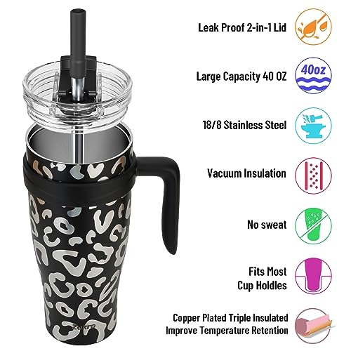 Zukro 50 oz Tumbler With Handle and Straw, Leak Proof Vacuum Insulated Double Wall Stainless Steel Cup with 2-in-1 Screw Lid, No Sweat Large Water Bottle Fit in Cup Holder, Keeps Drinks Cold 30 Hours