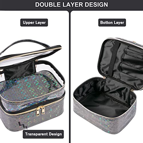 FITINI 3 Pieces Makeup Bags Double Layer Travel Large Holographic Cosmetic Cases Organizer Toiletry Bags Waterproof Small Zipper Pouch for Women Makeup Brush Storage Bag,Black