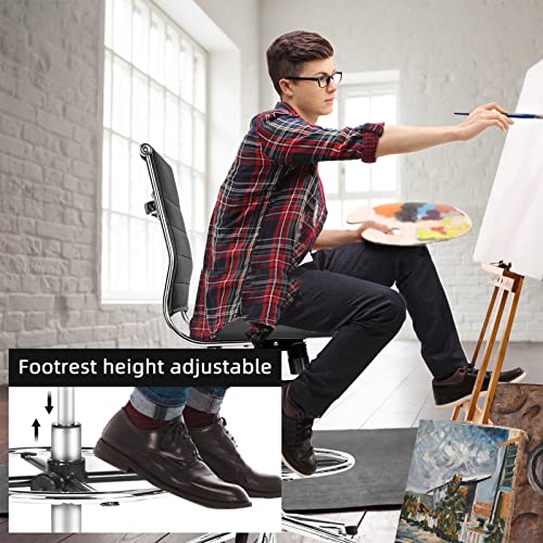 LUCKWIND Drafting Chair Tall Office Chair Ribbed - Mid-Back PU Leather Standing Desk Stool with Adjustable Foot Ring Wide Seat Tilt-Tension Rocker Lumbar Support Swivel Rolling 400lbs, Black