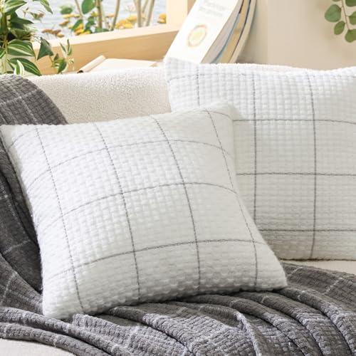 Bedsure Throw Pillow Covers 18x18 Inch - Pack of 2 White Luxury Soft Cozy, Decorative Pillow Covers, Woven Pillow Cover Plaid Jacquard, Home Decor for Sofa Couch Bed