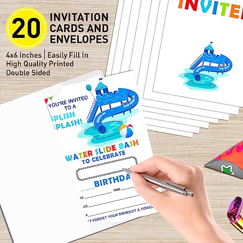 Water Slide Birthday Invitations for Boys Girls with Envelopes, Bash Invites for Birthday Pool Party Waterslide, Splish Splash Summer Birthday Party Invitations Cards, Splish Splash, 4"x6" Set of 20