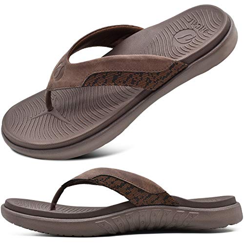 ONCAI Sandals for Men, Comfort Orthotic Plantar Fasciitis Beach Sport Athletic Soft Flip Flops with Yoga Foam Arch Support Brown Size 14