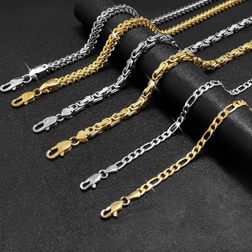 SILILUN Byzantine Chain Necklace Stainless Steel 14K Gold 5mm Wide Punk Jewelry Hip Hop Necklace Chain Men Women(18 Inches, Byzantine 5mm Wide 14K Gold)