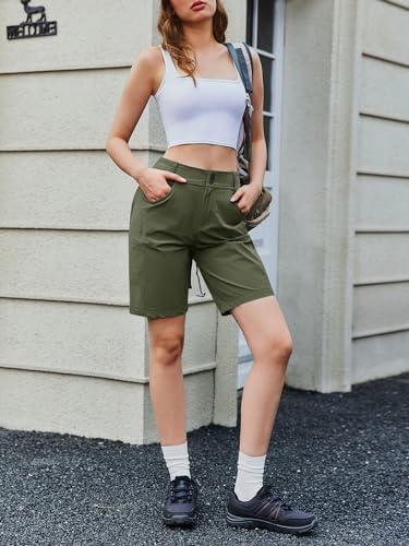 Fisoew Womens Hiking Shorts Golf Quick Dry Outdoor Summer Casual 10" Bermuda Shorts with Pockets Army Green