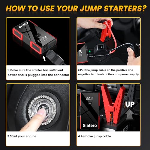 Giatero 006B 4000A Car Jump Starter, Portable Jump Start Battery Pack(10.0L Gas/8.0L Diesel), 12V Battery booster Jump Box with 3 Modes Flashlight, Jumper Ca