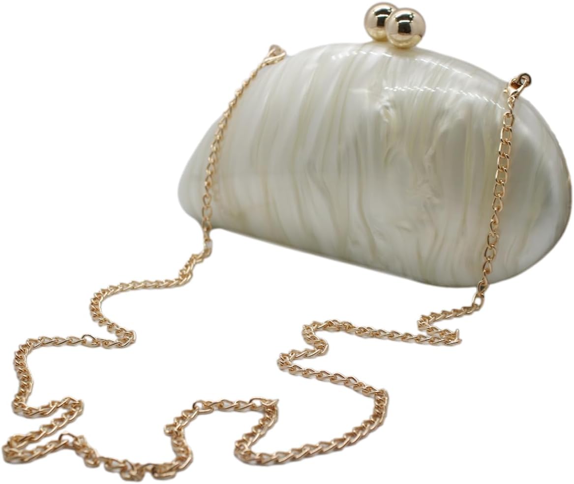 UMREN Seashell Chain Shoulder Bag for Women Acrylic Evening Clutch Bag Glitter Marble Purse Handbag for Wedding Party Prom White