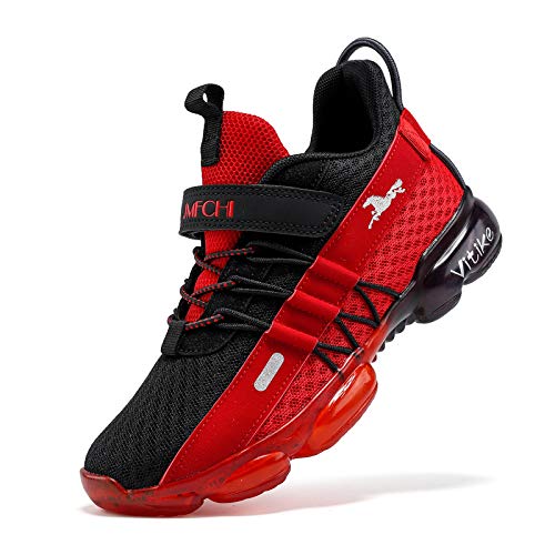JMFCHI Boys Girls Kids' Sneakers Knitted Mesh Sports Shoes Breathable Lightweight Running Shoes for Kids Fashion Athletic Casual Shoes 12 Little Kid Black Red 8169K
