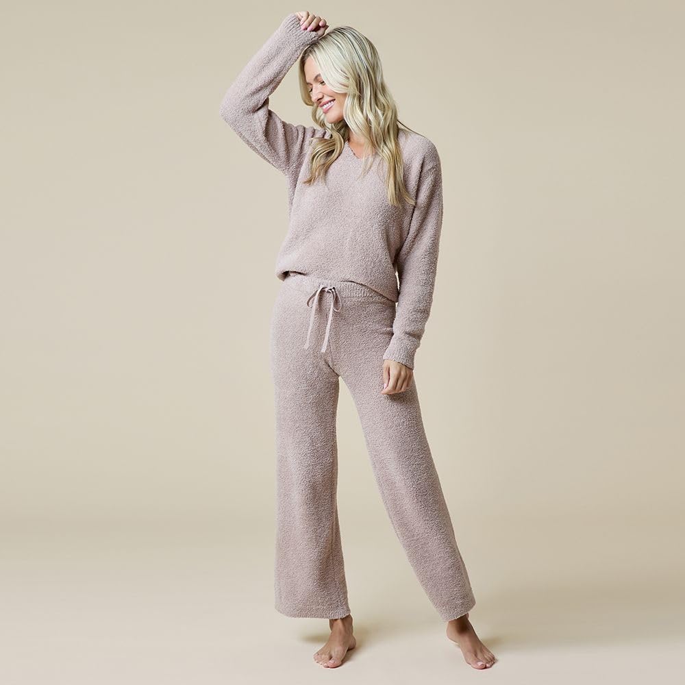 Softies Marshmallow V Neck Lounge Set for Women Ultra Soft 2 Piece Loungewear with Relaxed Top and Straight Leg Pants, Coco, S