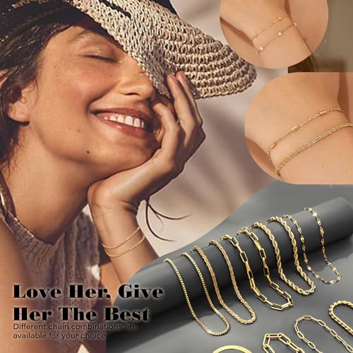 Dainty Gold Bracelets for Women Trendy Gold Link Chain Bracelet Set Figaro Paperclip Herringbone Teen Girl Gifts Christmas Jewelry 14k 18k Gold Plated Bracelets Stack