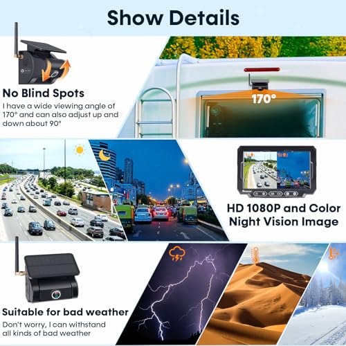 Magnetic Solar Wireless Backup Camera: 7" DVR Portable 1 Min Easy Install Scratch-Proof No Delay Truck Trailer Hitch Rear View Camera Rechargeable HD 1080P for Small RV Camper Pemacom P15
