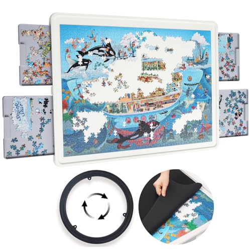 Playboda 1500 Pieces Rotating Plastic Puzzle Board with Drawers and Cover, 35"x27" Portable Jigsaw Puzzle Table for Adults, Lazy Susan Spinning Puzzle Boards (Patent Design)