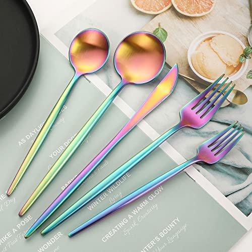 Rainbow Flatware Matte Silverware Set - 20 Piece 18/10 Colorful Stainless Steel Flatware Cutlery Utensils Tableware Set Service for 4, Include Knife/Fork/Spoon, Reusable, Dishwasher Safe