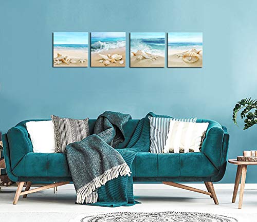 Beach Waves Wall Art Ocean Decor Sands Seashell Starfish Nature Pictures Blue Canvas Artwork Turquoise Wall Art for Bathroom Bedroom Living Room Office Kitchen Wall Decor 12" x 12" x 4 Pieces