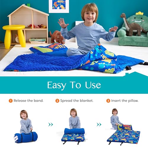 JOIEDOMI Toddler Nap Mat with Pillow & Blanket - 55''*30'' for Kids Ages 3-7 Years - Roll Up Nap Mat for Preschool - Soft Kids Sleeping Mat Dinosaur - for Boys Girls Kindergarten Daycare Sleepover