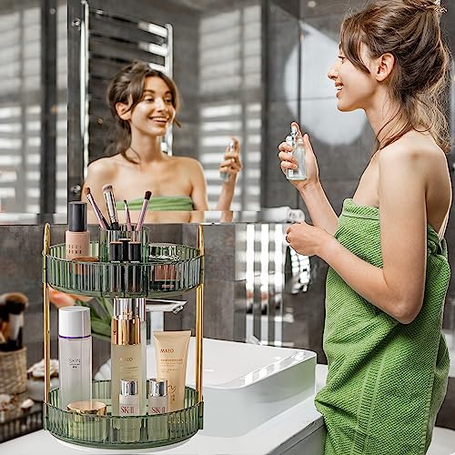 360° Rotating Makeup Organizer, Large-Capacity Skincare Make Up Storage 2 Tier Perfume Organizers Cosmetic Dresser Organizer with Makeup Brush Holder, Fits Bedroom, Bathroom, Vanity Shelf Countertop