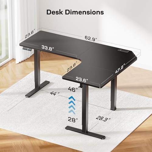 HUANUO 63″ Dual Motor L-Shaped Standing Desk, Built-in Power Outlets, Electric Height Adjustable Corner Computer Desk, Large Power Strip Holder, Sit Stand Up Desk with 3 Preset Heights, Black