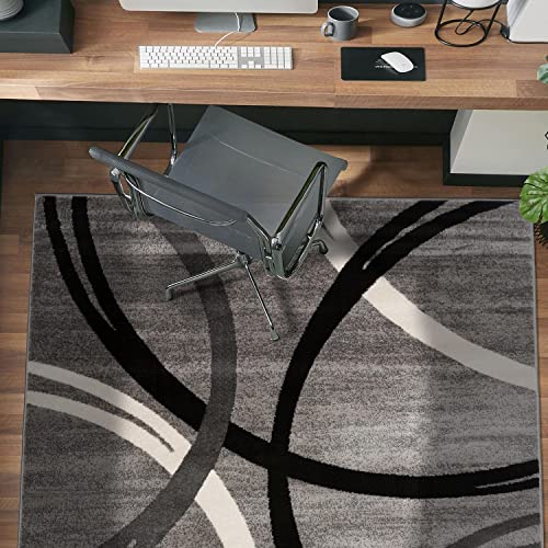 Rugshop Modern Wavy Circles Design Round Rug 6' 6" (6' 6" Diameter) Black