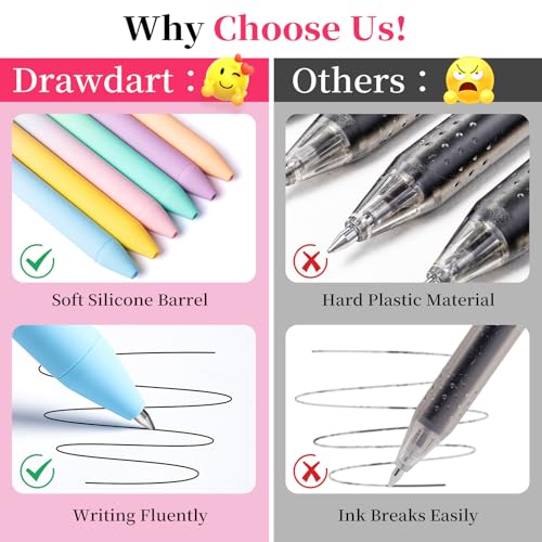 Drawdart Gel Pens, 6 Pcs Smooth Writing Pens No Bleed & Smear, Black Ink Cute Pens Fine Point (0.5mm), Retractable Aesthetic Journaling Pens School Office Supplies for Women & Men