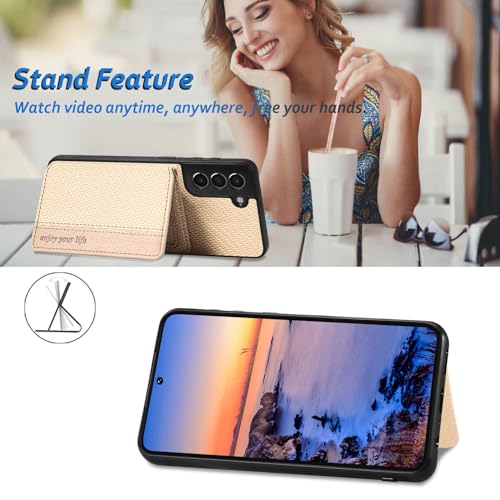 S21 Case Card Holder,for Galaxy S21 Case,RFID Blocking Slots,S21 Phone Case Kickstand Lanyard,PU Leather Shockproof Protective Magnetic Flip Cases Folio Cover for Samsung Galaxy S21 5G (Beige)