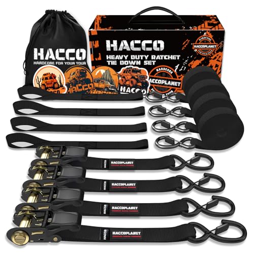 Haccoplanet Ratchet Tie Down Straps, 2340lb Break Strength, 4pc 1inch x 16FT Tie Down Strap Set with Padded Handles & Coated S Hook W/Safety Clip, Cargo Strap Tie Down for Motorcycle, Truck (Black)