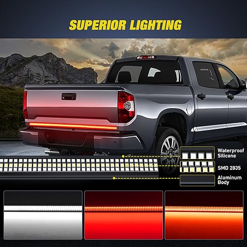 Nilight Truck Tailgate Light Strip 48" Aluminum Frame Triple Row 780 LED Strip with Red Running Brake Lights White Reverse Red Sequential Turn Signals Strobe Lights