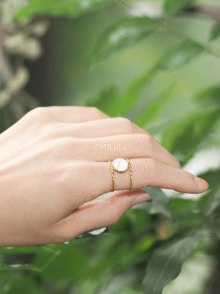 Coin White Simulated Howlite Geometric Stone Double Line Simple Ring