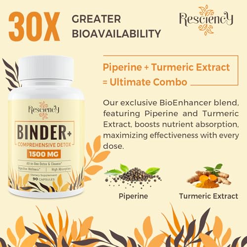 Resciency 6-in-1 Detox Binder Supplement 1500 MG | Max Absorption | Liver Detox Cleanse | Activated Charcoal & Zeolite Clay | Toxin, Liver, Gut, Digestive | 90 Vegetarian Capsules