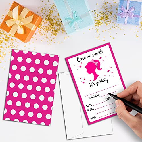 NYCTUG Pink Girl Theme Birthday Invitation(4" X 6"), Let's Go Party Pink Doll Double-Sided Invites- 20 Invitations With Envelopes-Personalized Party Supplies-A31