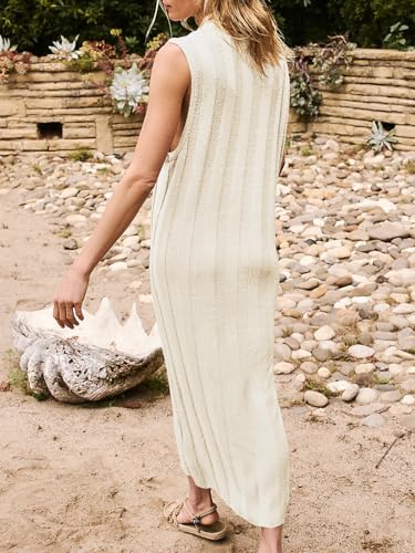 Fisoew Women's Summer Sleeveless Maxi Dress Scoop Neck Ribbed Knit Tank Top Dresses White