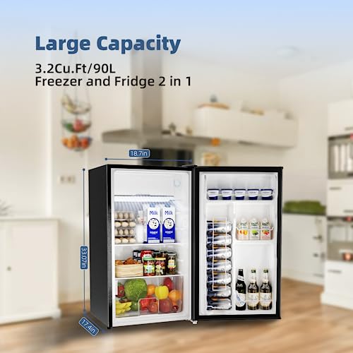 BANGSON Mini Fridge with Freezer, 3.2Cu.Ft, Single Door Small Refrigerator, Energy-Efficient, Low Noise, Mini fridge for Bedroom Dorm and Office, Black