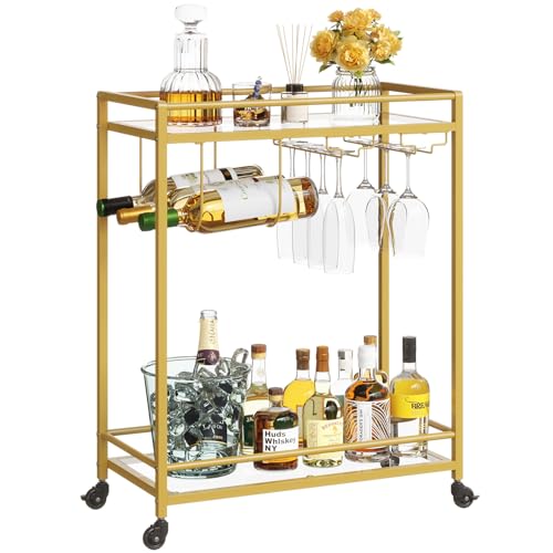 Lifewit Bar Cart, Home Serving Cart with 2 Tier Glass Shelves, Liquor Rolling Cart with Lockable Wheels, Glass Holder and Wine Rack, Beverage Cart for Kitchen Dining Living Room, Gold