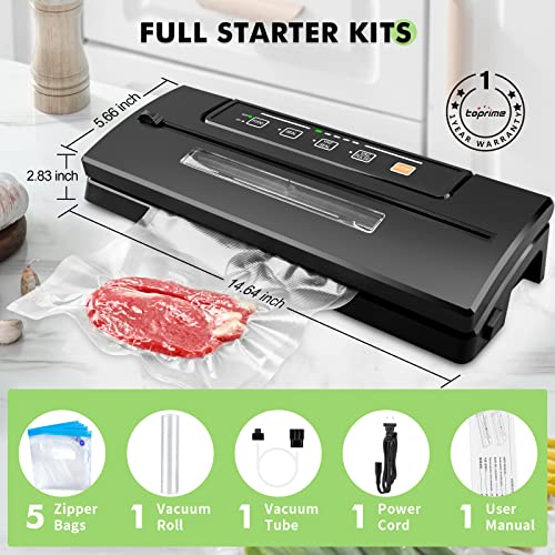 Toprime Vacuum Food Sealer Machine, 80kPa Powerful Sealing System Attached Roll Bag Cutter, Sous Vide Bag and Hose, Dry & Moist Food Modes for Seal a Meal