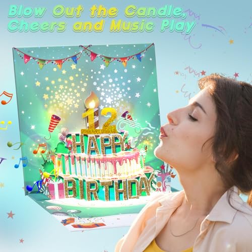 70th Musical Birthday Cards, 3D Pop Up Blowable LIGHT Cake Happy Birthday Cards with Music and Cheers Sound, Popup Greeting Birthday Gifts Card for Women, Men, Mom, Father, Grandmother Turning 70 Years Old