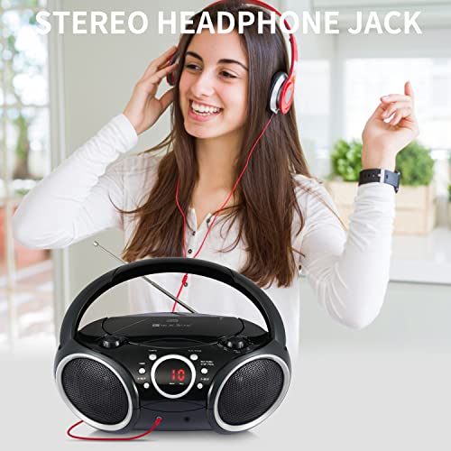SINGING WOOD 030C Portable CD Player Boombox AM FM Analog Tuning Radio, Aux Line in, Headphone Jack, Foldable Carrying Handle (Black with a Touch of Grey Rims)