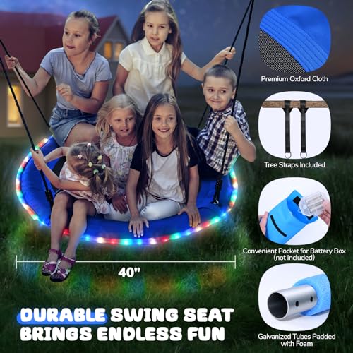 Trekassy 700lbs 40” Saucer Tree Swing with LED Lights for Kids Adults Outdoor 2 Tree Hanging Straps-Blue