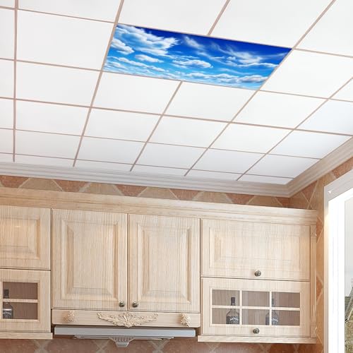 MSINMKOK Decorative Clouds Fluorescent Light Covers 48" Long Blue Sky Light Covers for Classroom Offices Hospital 4x2 ft Drop Ceiling Light Filters Eliminate Harsh Glare Ceiling Lamp Decorations