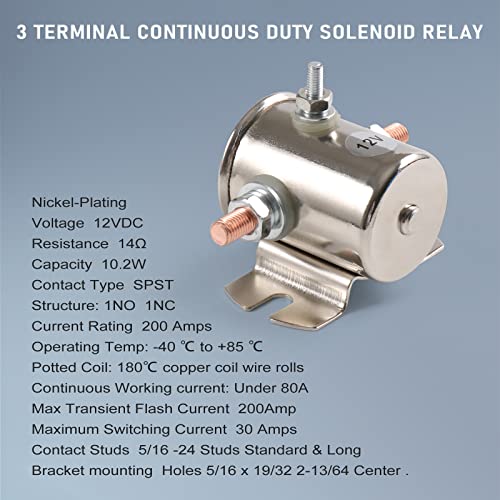 Max 200A 12 Volt 3 Terminal Continuous Duty Solenoid Relay for Golf Carts Heavy Duty Winch Marine in Rush 24106 SPST 12VDC 12V Solenoid Relay Zinc Plating