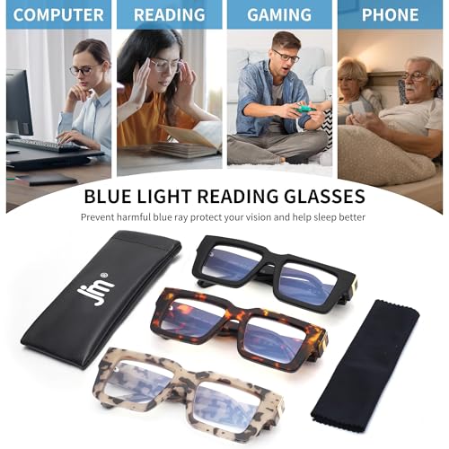 JM 3 Pack Oprah Style Reading Glasses for Women Men, Fashion Square Blue Light Blocking Readers +0.0