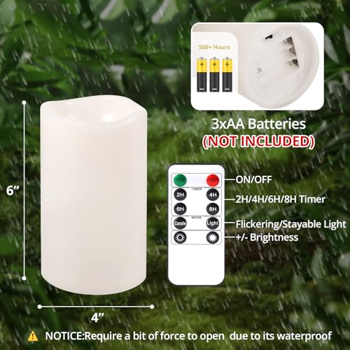 NURADA 6" x 4" Large Outdoor Flameless Candles - Waterproof LED Pillar Flickering Candle Battery Operated with Timer Remote Control for Patio Porch Lanterns Decor - Long Lasting Set of 2
