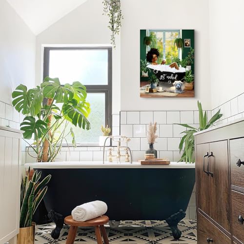 Bathroom Decor African American Wall Art Black Girl In Bathtub Canvas Wall Art Picture Modern Green Botanical Wall Decor Black Woman Framed Artwork For Bathroom Bedroom 8"X10"