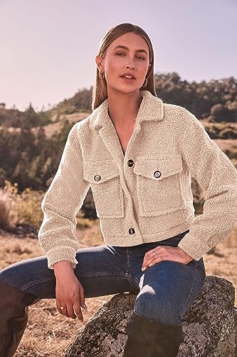 PRETTYGARDEN Womens Fall Clothes Sherpa Shacket Jacket Fuzzy Lapel Button Down Cropped Coat Winter Outerwear (Beige,Small)