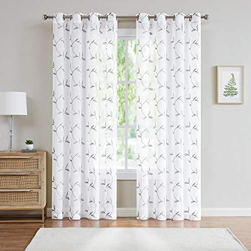 Warm Home Designs Pair of 2 Sheer White Faux-Linen Short Size Curtain Panels with Beautiful Charcoal Color Stitched Leaf Embroidery. Each Grommet Drape is 54" (Width) x 63" (Length). M Charcoal 63"